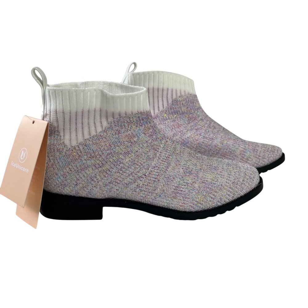 IceUnicorn Sparkly Knit Ankle Boots Girls Size 33 US Size 2 New Pull Tabs